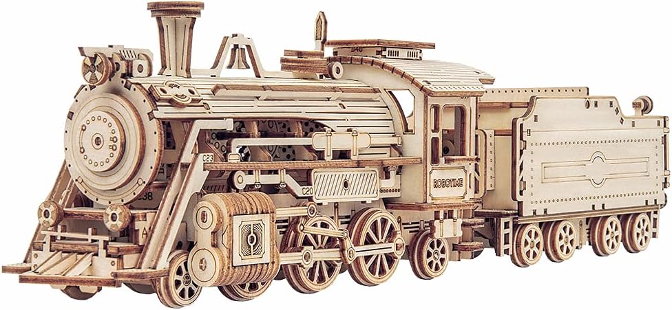 ROBOTIME Steam Train 3D Puzzle Wooden Model Kits for Adult to Build, Self Assemb...