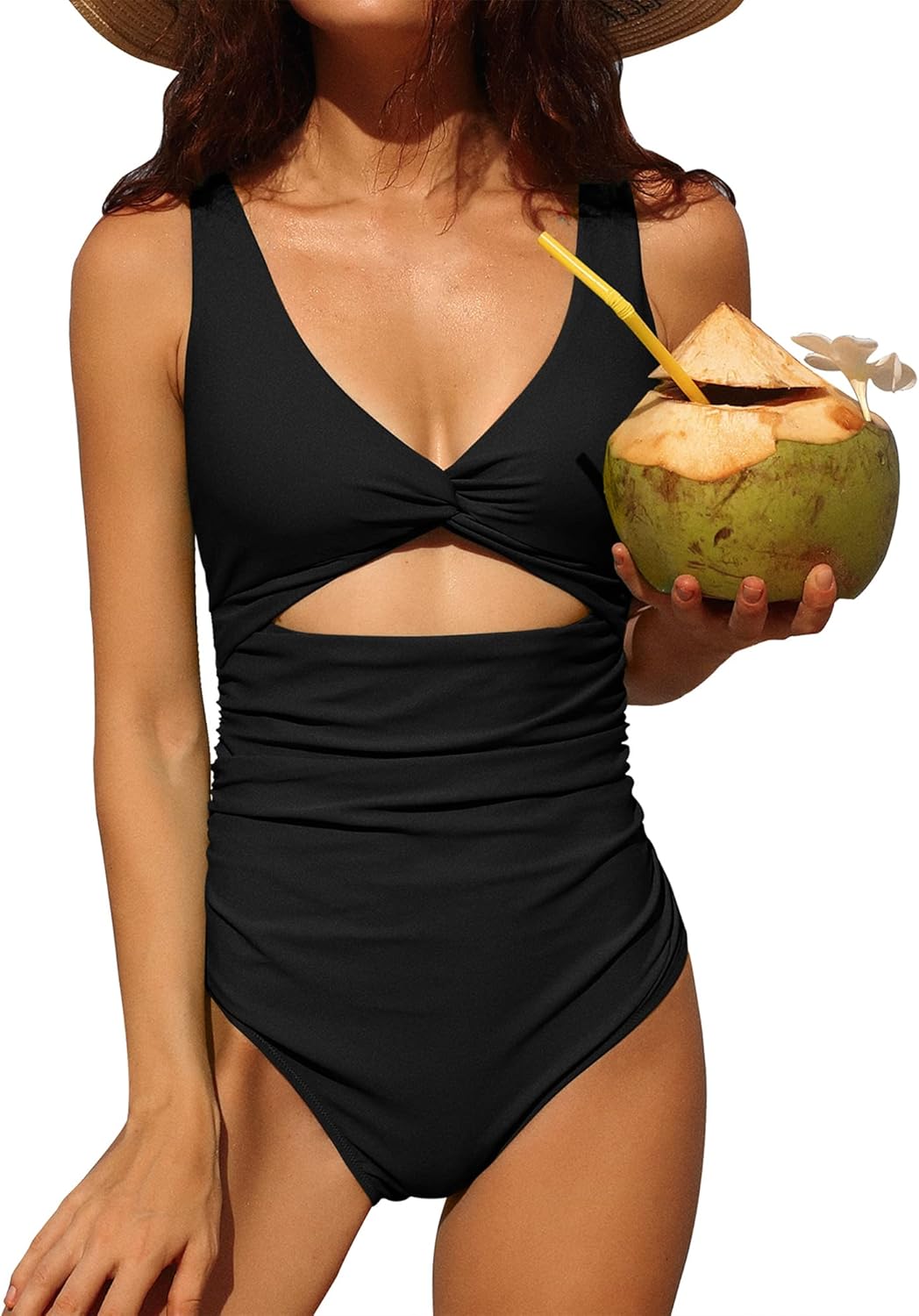 Charmo Womens One Piece Swimsuit Ruched Tummy Control High Cut Backless V Neck B...