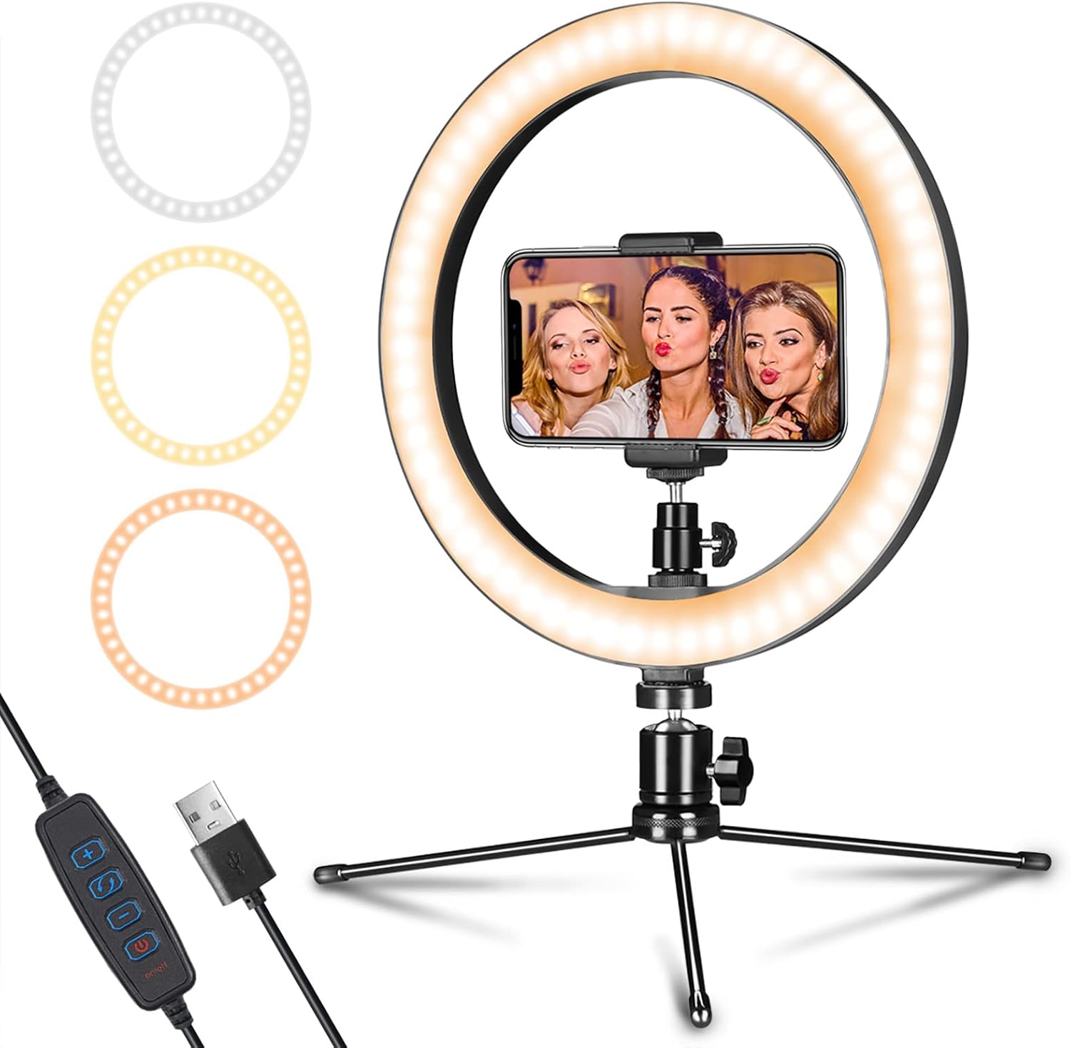 LED Dimmable Desk Makeup Ring Light 10" with Tripod Stand & Phone Holder for Liv...
