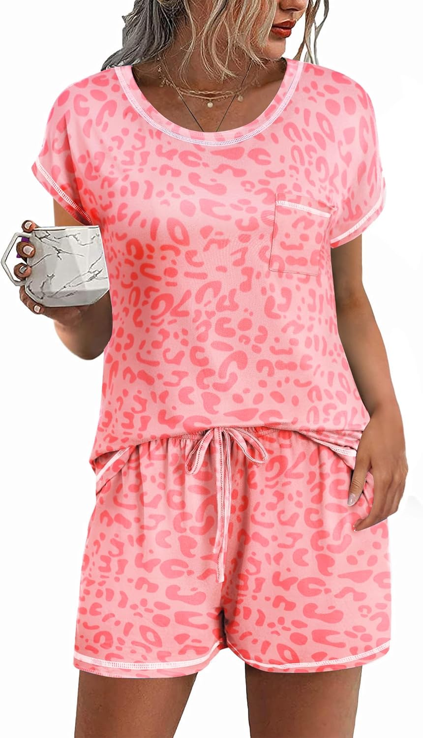 Ekouaer Womens Pajama Sets 2 Piece Soft Short Sleeve Top and Shorts Sleepwear Ro...