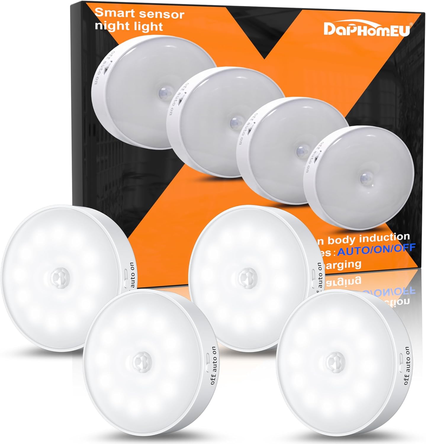 daphomeu Motion Sensor Lights Indoor,4 Pack Wireless USB Rechargeable Cupboard L...