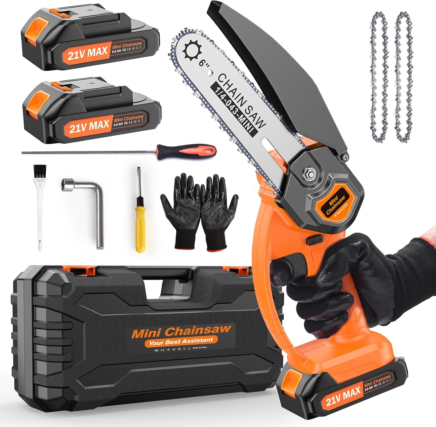 Mini Chainsaw 6 inch Cordless, 21V/2Ah Battery Powered Chain Saw for Branch Prun...
