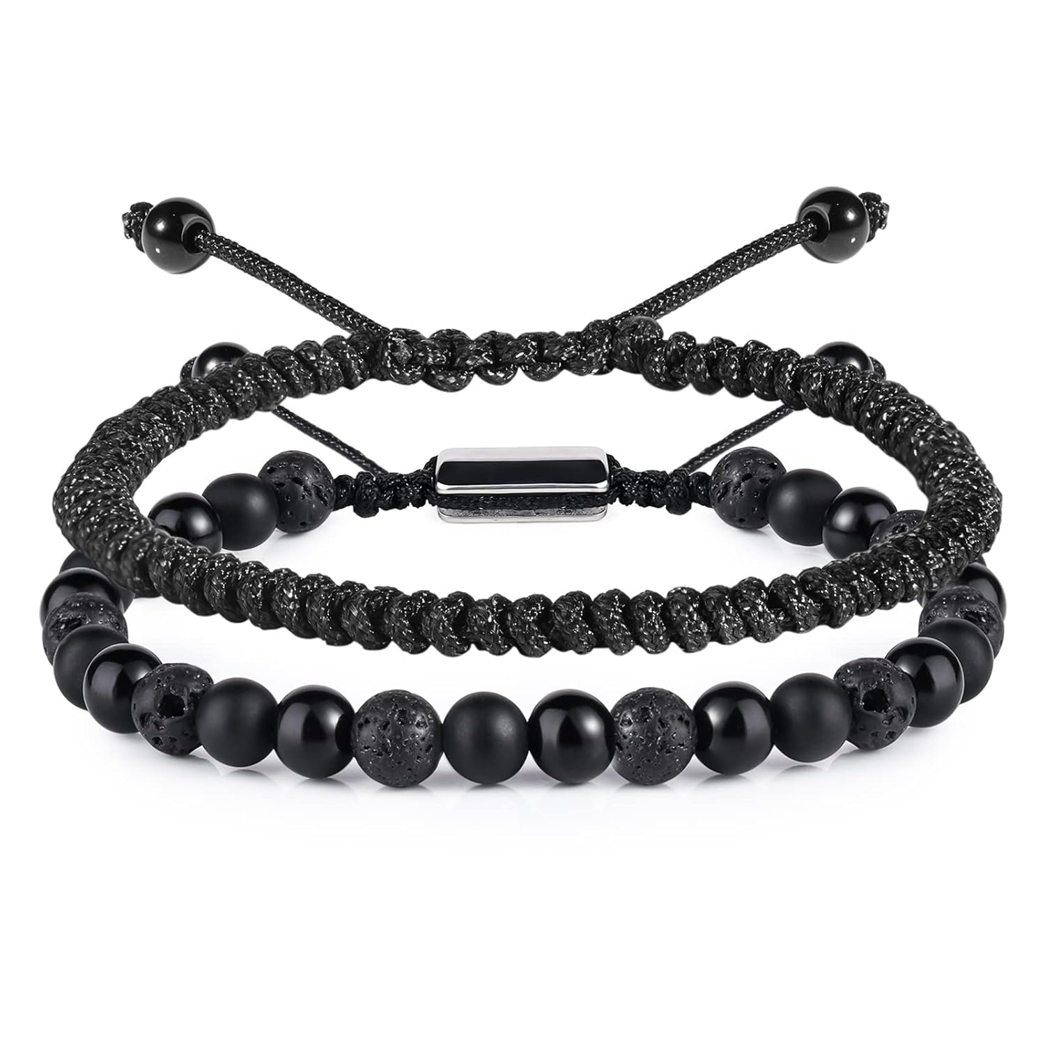 Black Beaded Bracelets for Men Boys - 6mm Obsidian Onyx Lava Beads Mens Bracelet...