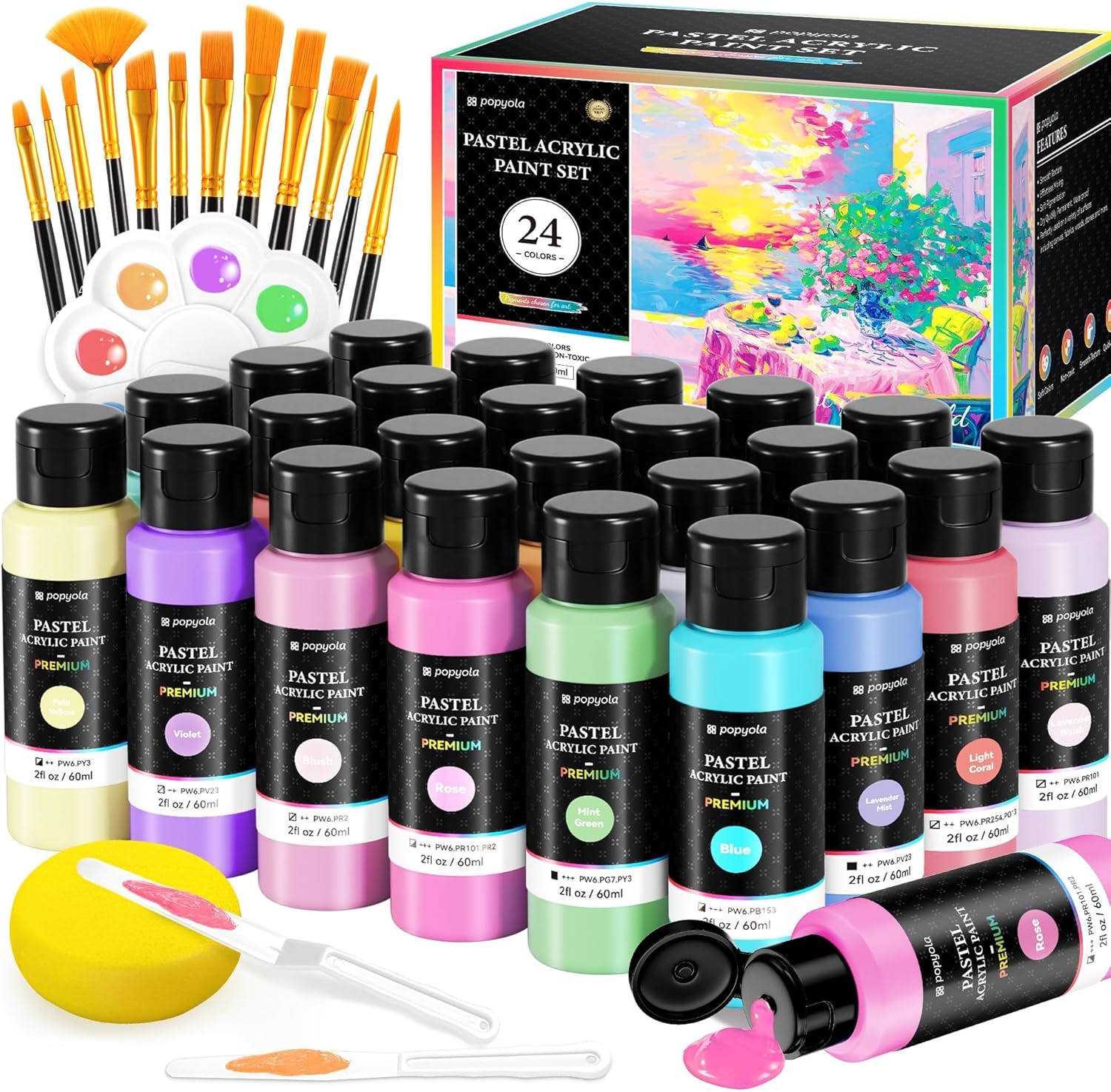 40 PCS Pastel Acrylic Paint Set with 12 Brushes, 2 Knives, Palette and Sponge, 2...