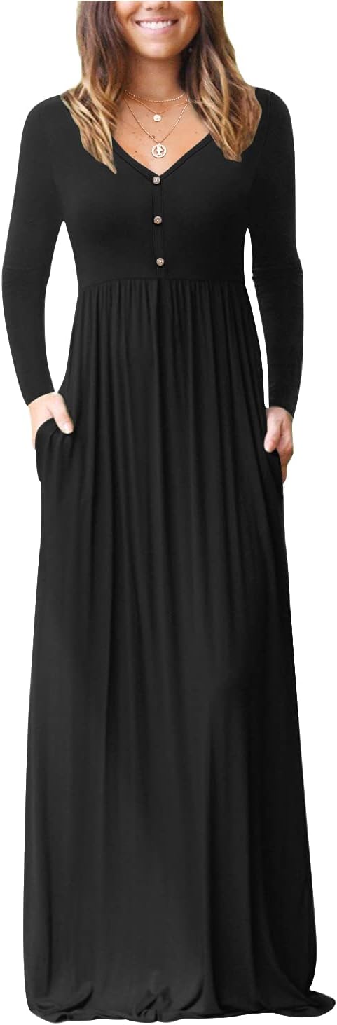 GRECERELLE Womens Maxi Dress 2024 Long Sleeve V Neck Casual Button Boho Tshirt L...