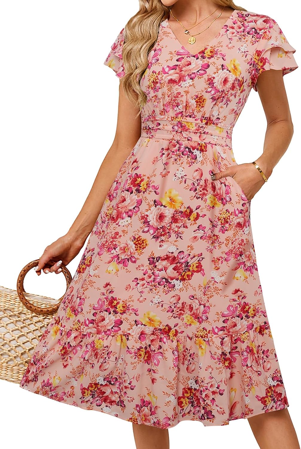 JASAMBAC Women Summer Dresses Casual Flowy Beach V Neck Ruffle Sleeve Smocked Ba...