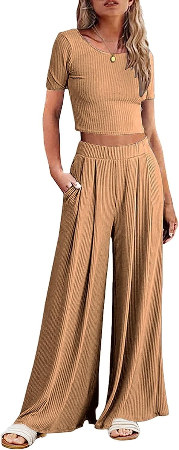 Ekouaer Women's 2 Piece Lounge Sets Short Sleeve Pajama Set Ribbed Knit Crop Top...