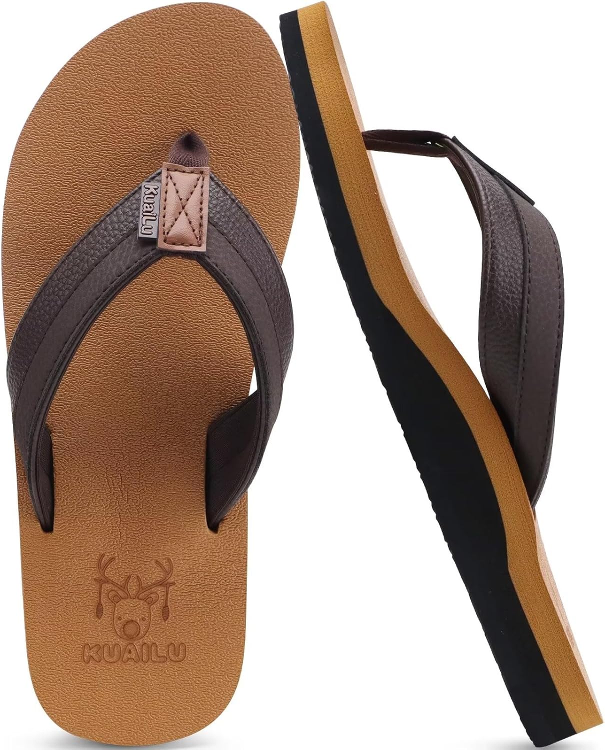 KuaiLu Flip Flops Mens Leather Arch Support Flat Summer Wide Fit Beach Sandals N...