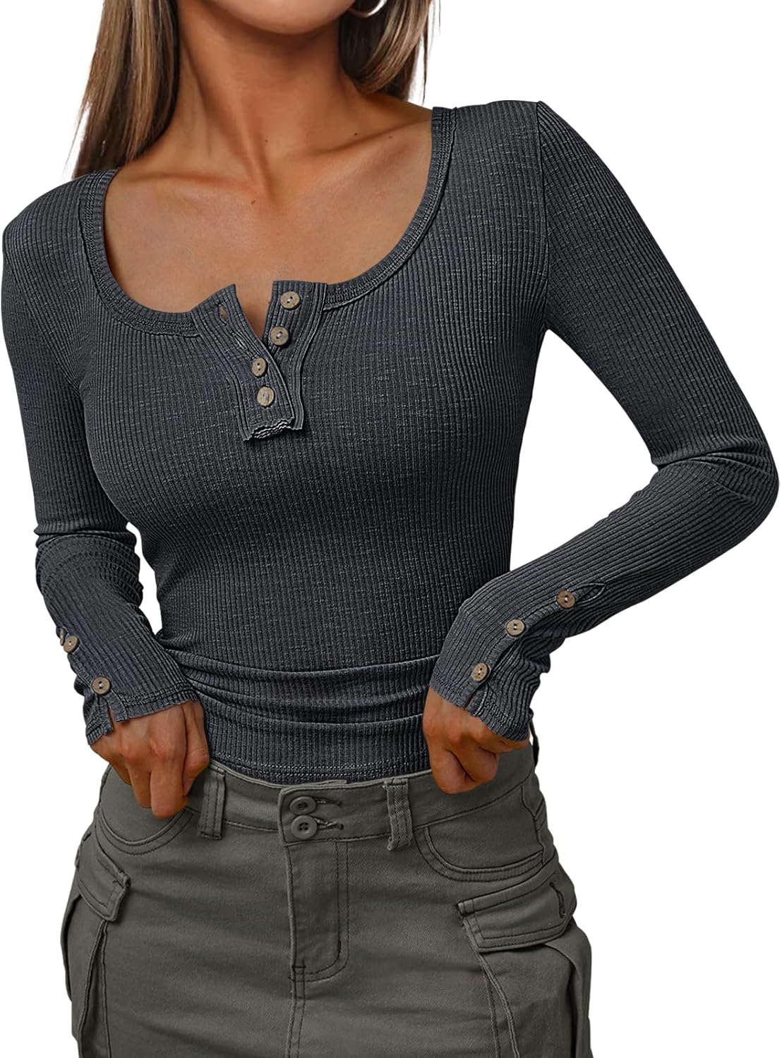 Kissfix Womens Long Sleeve Shirts Going Out Fall Clothes Casual Henley Tops Ribb...
