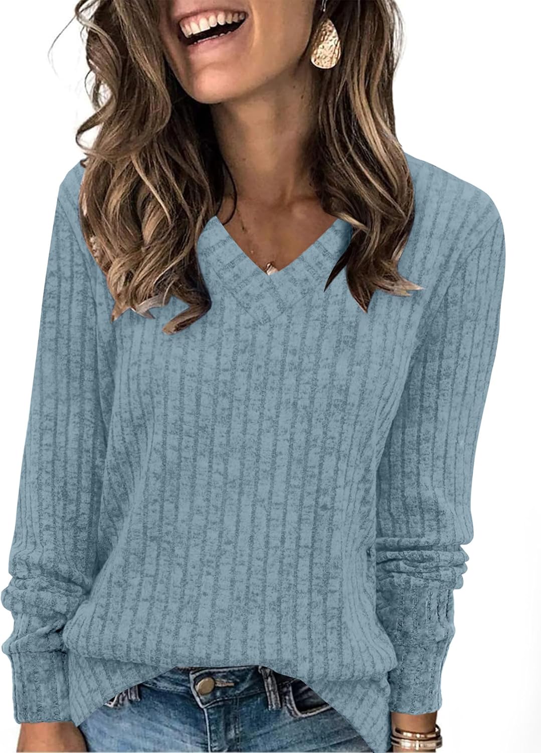 SAMPEEL V Neck Long Sleeve Shirts for Women Casual Fall Tops Lightweight Tunic S...