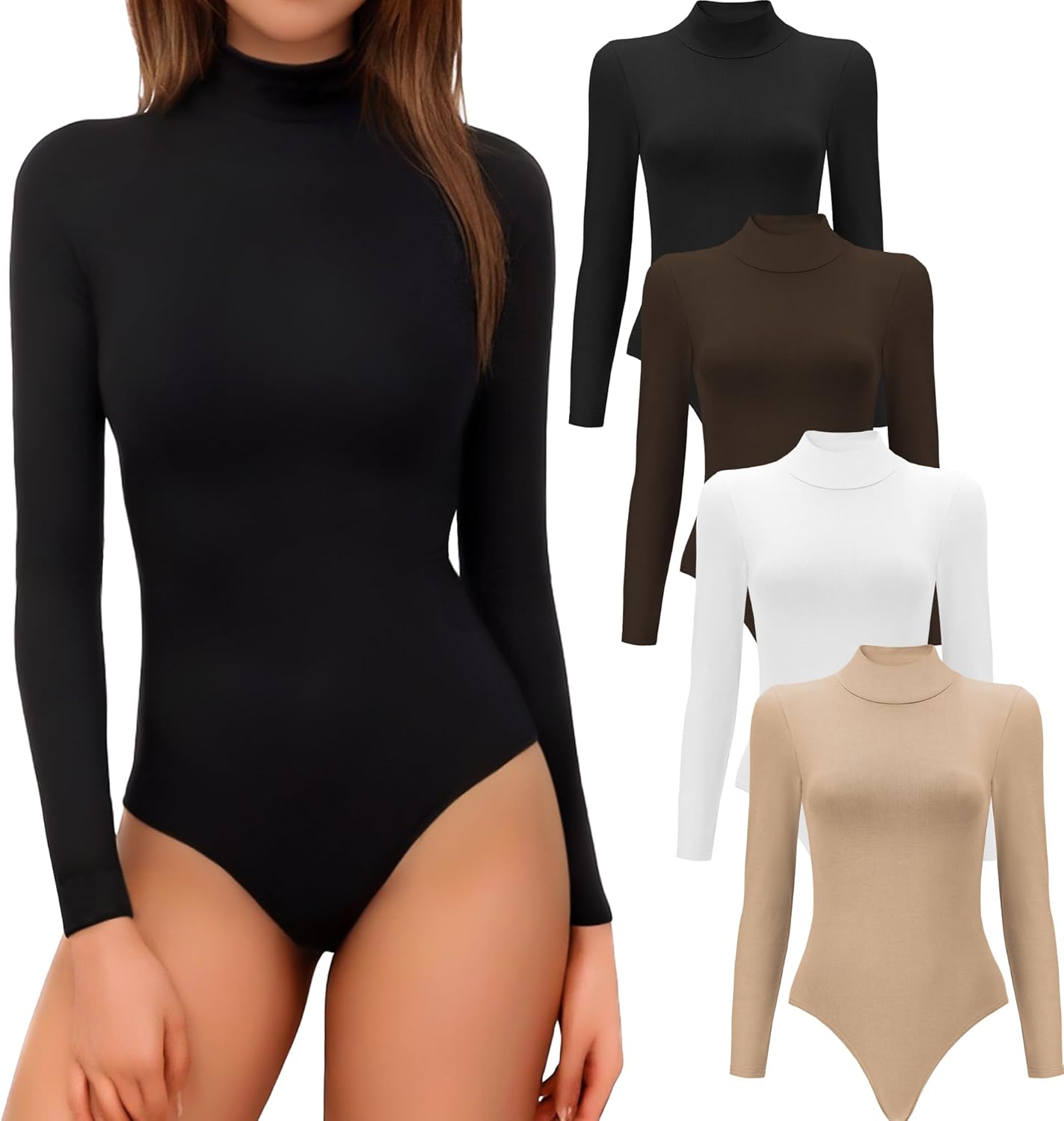 4/5 Pack Long Sleeve Bodysuit for Women Mock Turtleneck Casual Basic Stretchy Bo...