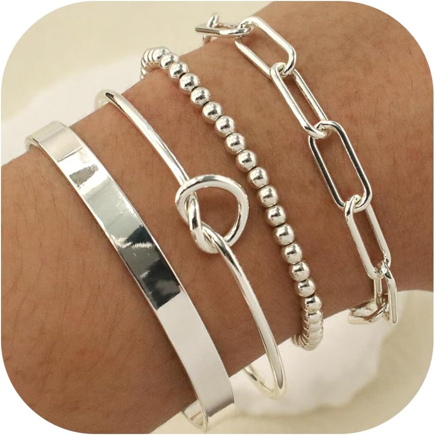 Reoxvo 14k Gold Plated Charm Bangle Cuff Bracelet Set for Women Stack Non Tarnis...