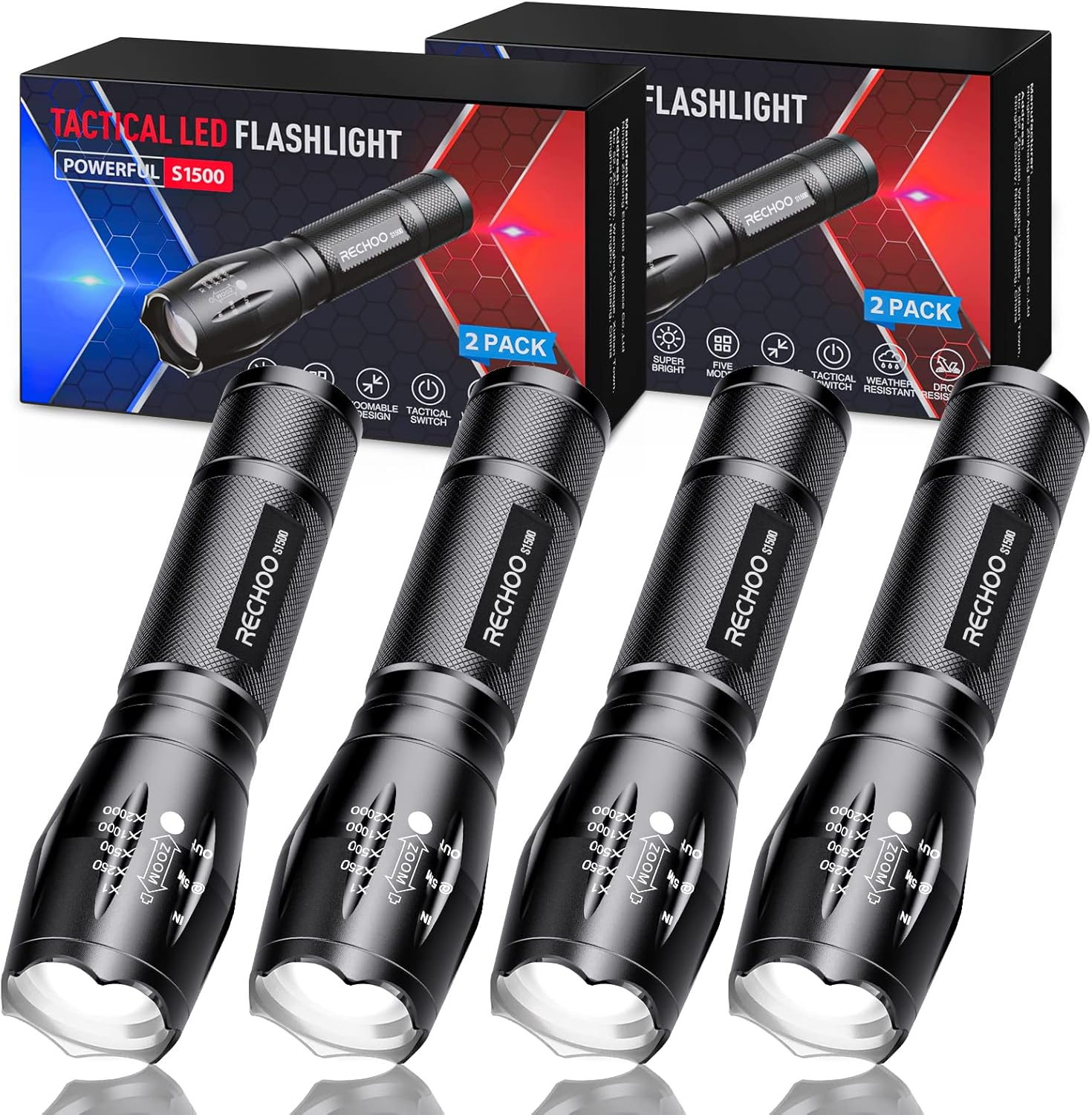 RECHOO Tactical Flashlight 4 Pack, Bright Zoomable LED Flashlight with High Lume...