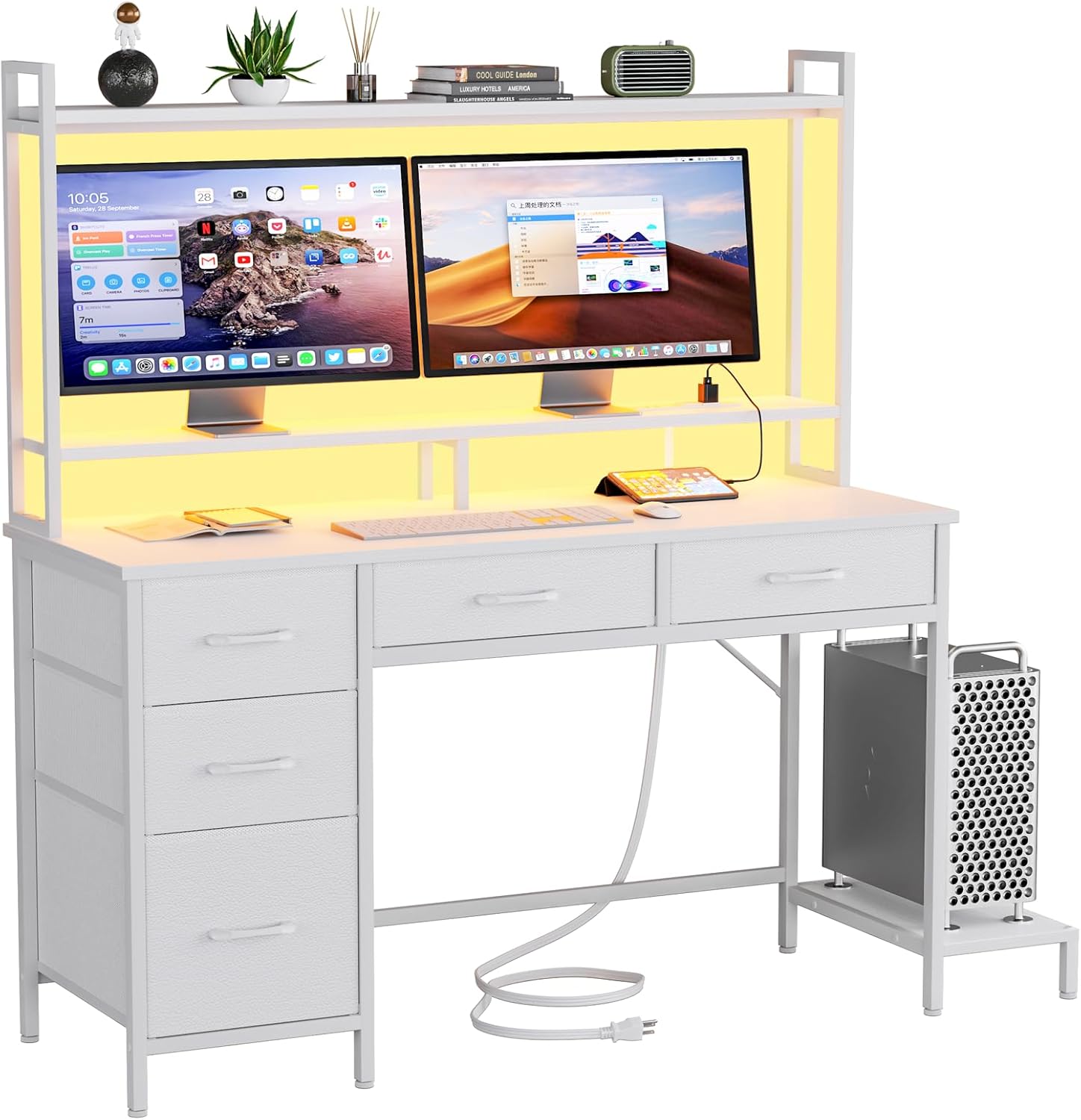 Computer Gaming Desk with Hutch, Home Office Desk with Power Outlets, LED Light,...