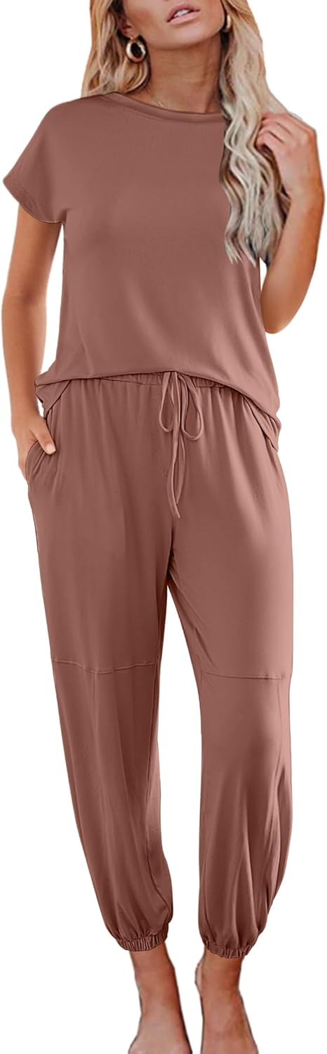 Ekouaer Pajamas for Women 2 Piece Lounge Sets Cap Sleeve Loungewear Top with Jog...