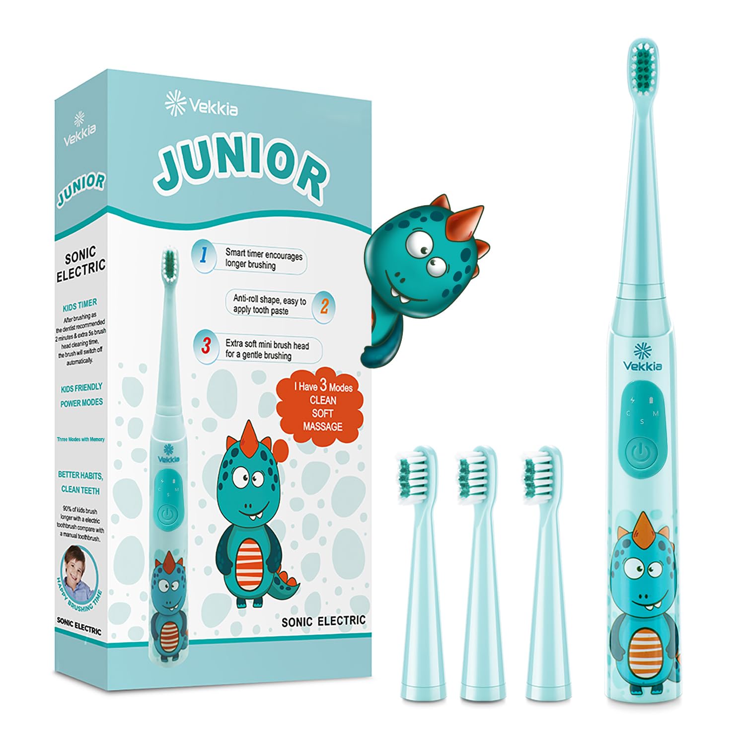 Vekkia Sonic Rechargeable Kids Electric Toothbrush, 3 Modes with Memory, Fun & E...
