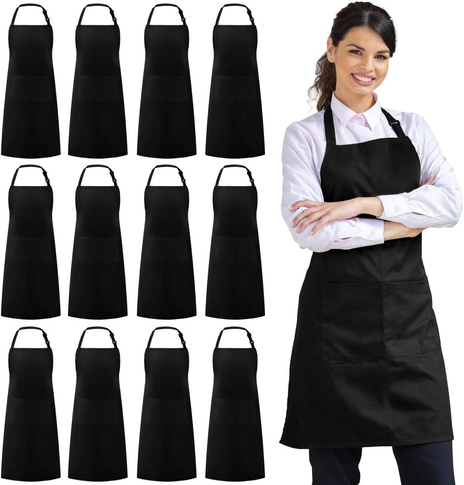 Syntus 12 Pack Bib Apron, Unisex Aprons Adjustable Waterdrop Resistant with 2 Po...