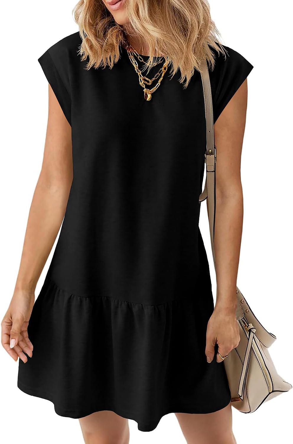 BLENCOT Women's Tshirt Dress Summer Casual Cap Sleeve Ruffle Hem Crewneck Solid...