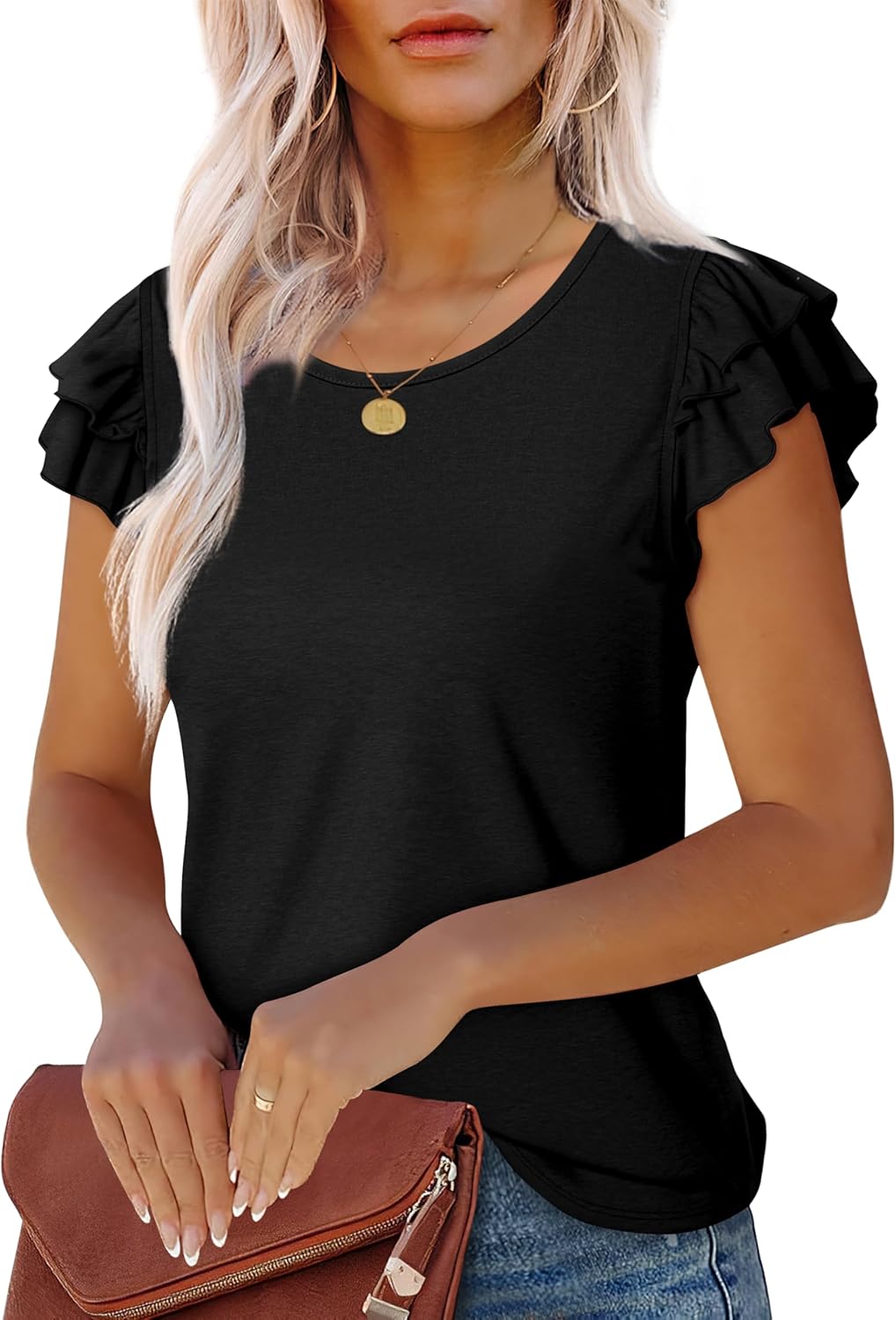 WEESO Womens T Shirts Ruffle Short Sleeve Summer Tops Cute Crew Neck Casual Blou...