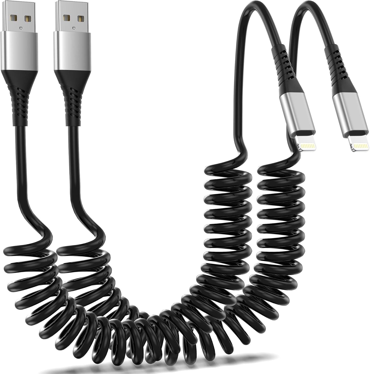 Coiled Lightning Cable for Car, 2Pack Retractable iPhone Charger Cable Fast Char...