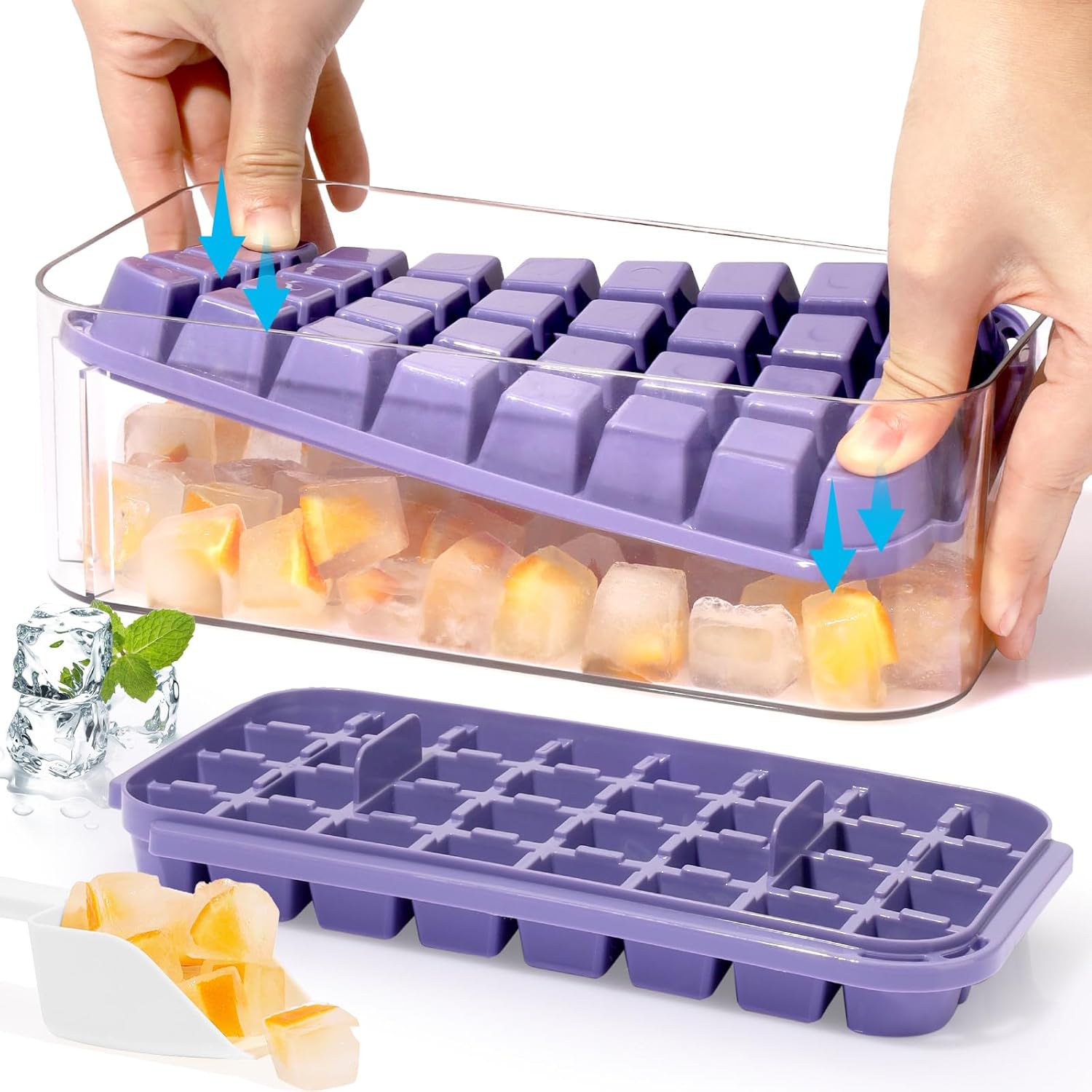 Doonly Easy Release Ice Cube Tray with Lid and Bin, 2 Pack Ice Cube Trays for Fr...