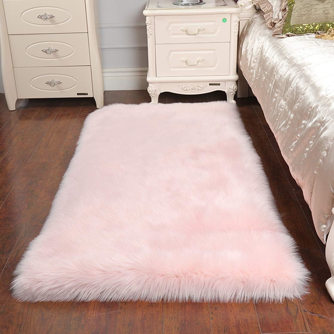 Cumay Super Soft Fluffy Faux Sheepskin Bedside Rugs, Shaggy Silky Plush Carpet F...