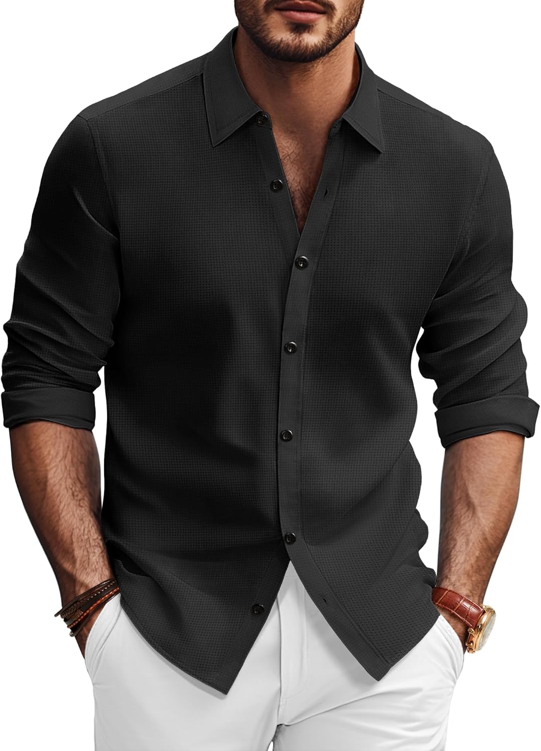 PJ PAUL JONES Mens Long Sleeve Button Down Shirts Wrinkle Free Stretch Untucked...
