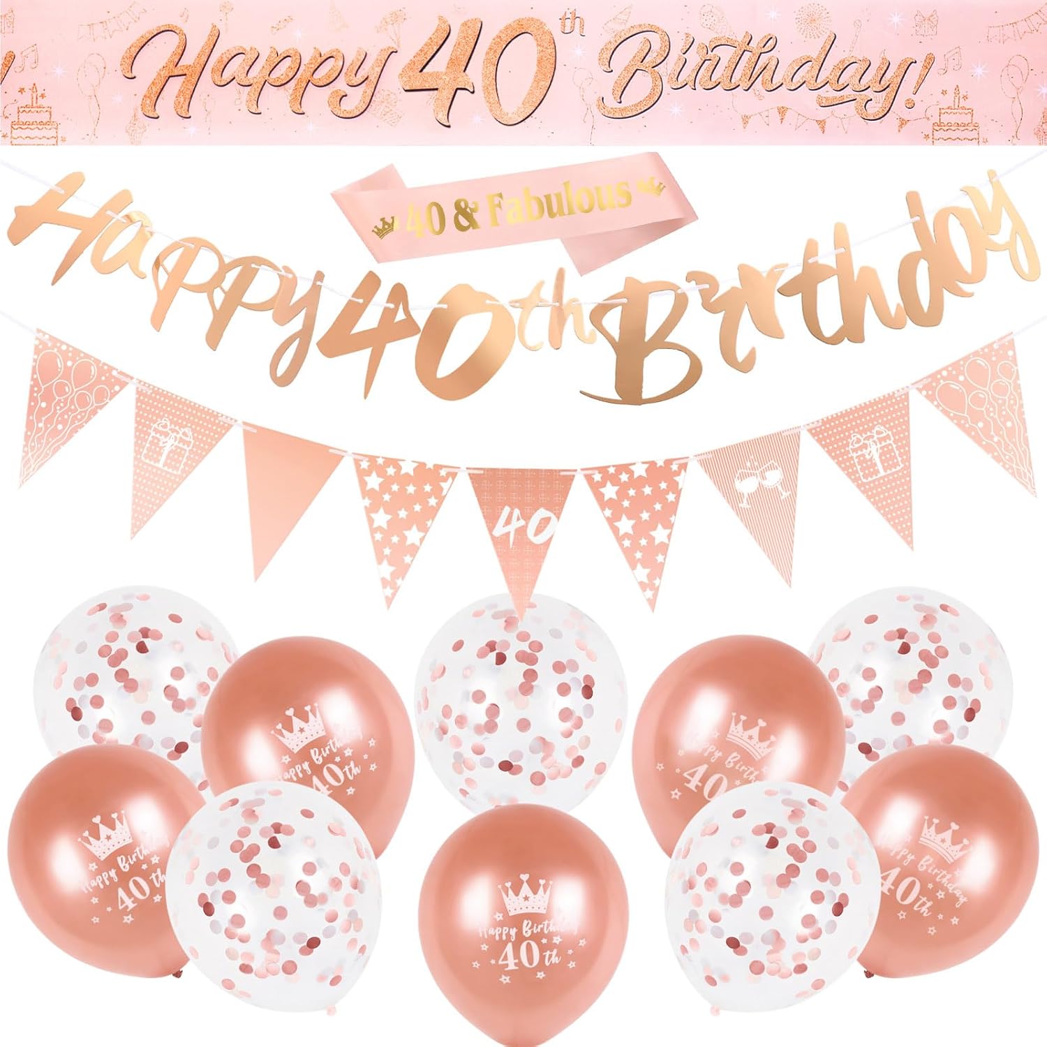 40th Birthday Decoration Kit Rose Gold Happy 40th Birthday Banner Triangle Flag...
