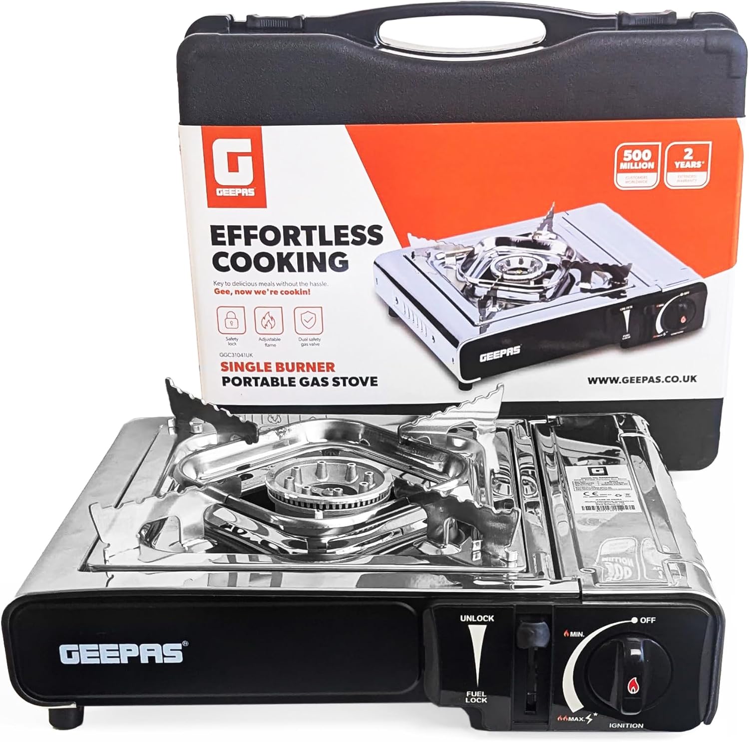 Geepas Gas Stove Single Burner – Portable Camping Stove BBQ Cooker with Carry Ca...