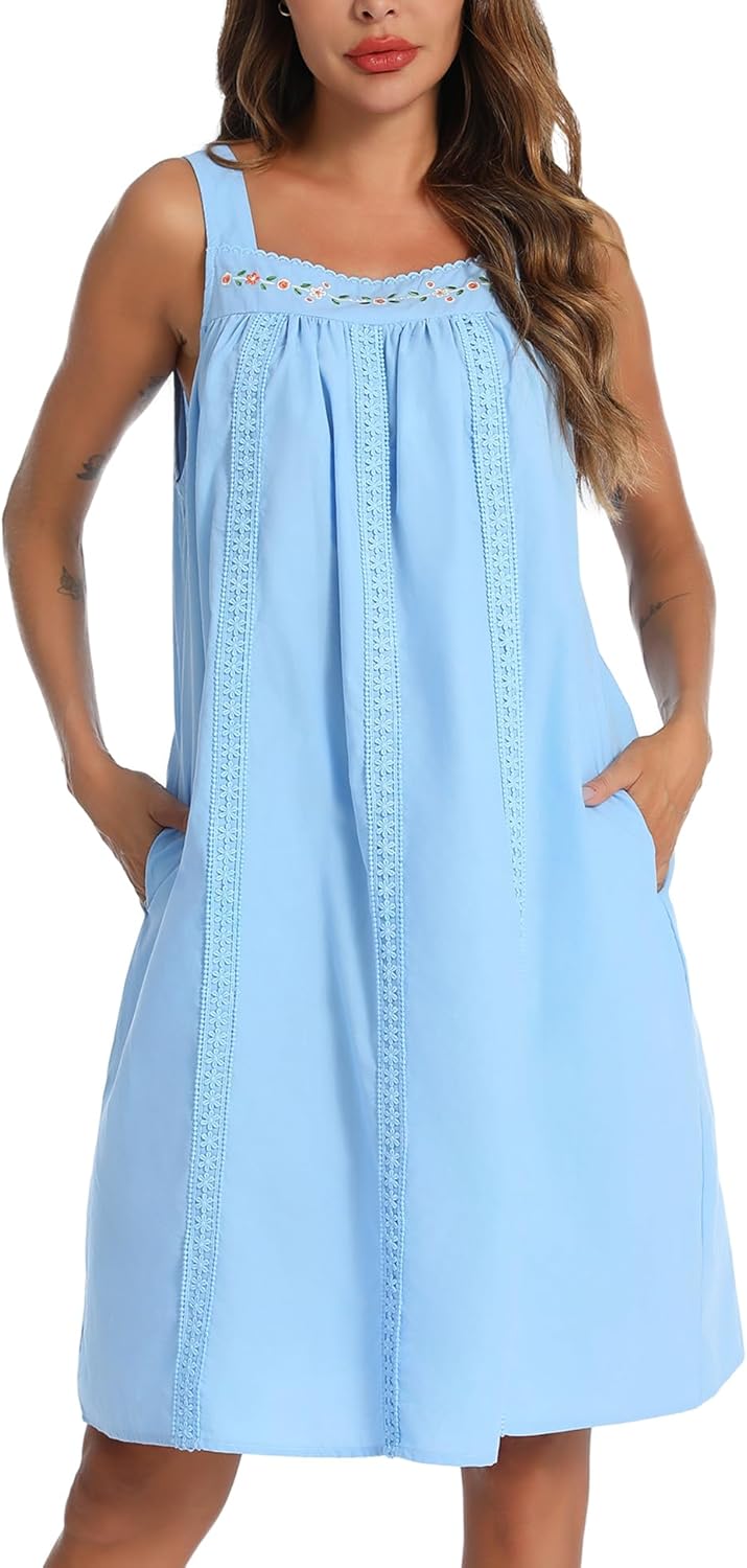 YOZLY Cotton Nightgowns for Women Sleeveless Tank Night Gown Sleepwear with Pock...