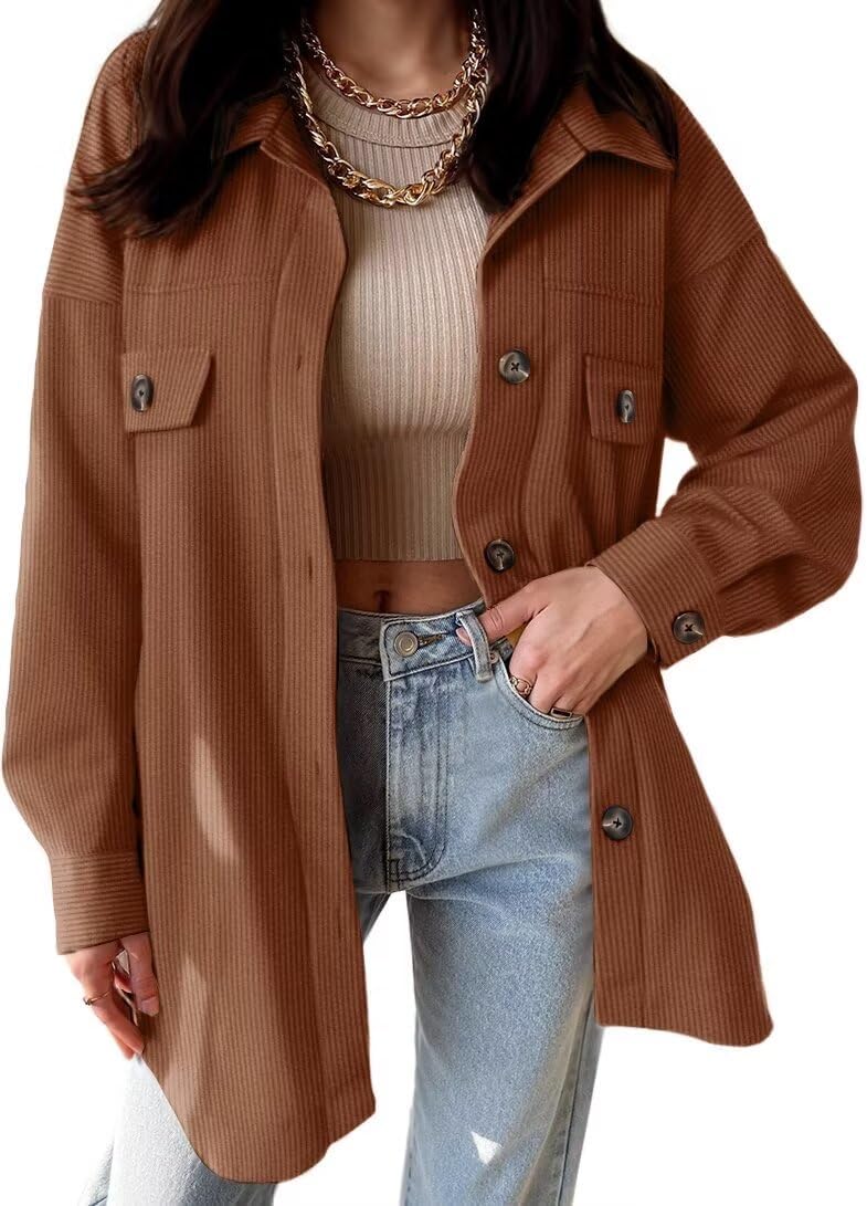 VICHYIE Womens Corduroy Shacket Blouses Button Down Shirts Pocket Long Sleeves T...