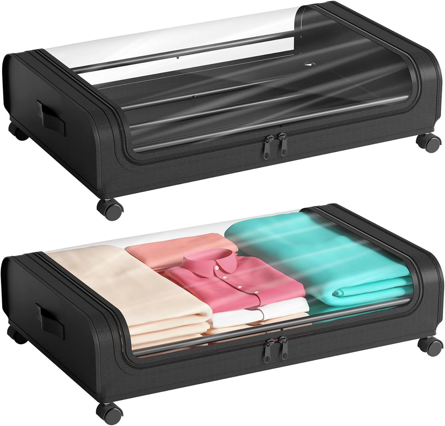 2 Pack Under Bed Storage with Wheels Lid 48L Rolling Metal Frame Underbed Contai...