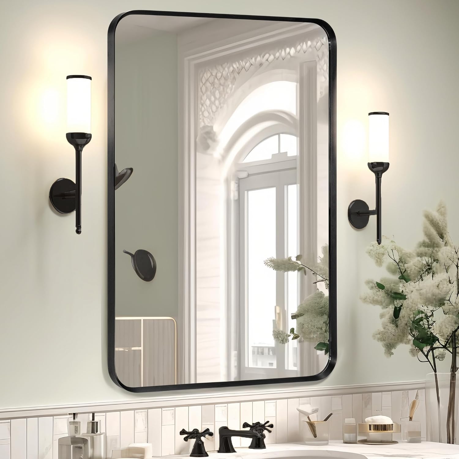 Wall Mount Mirror for Bathroom, Brushed Black Metal Framed Rounded Corner Rectan...