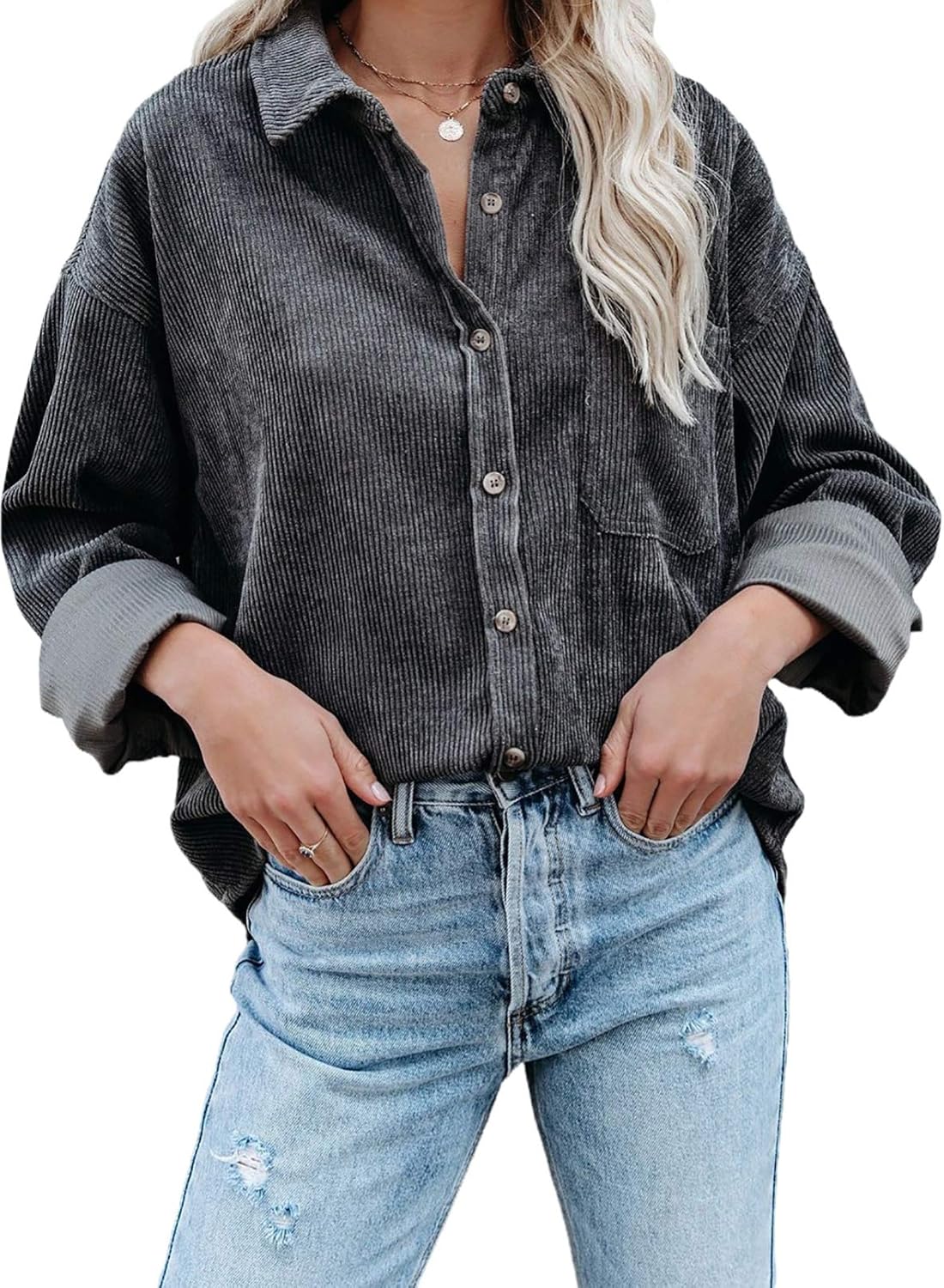 Dokotoo Womens Corduroy Button Down Shirts Boyfriend Long Sleeve Oversized Blous...