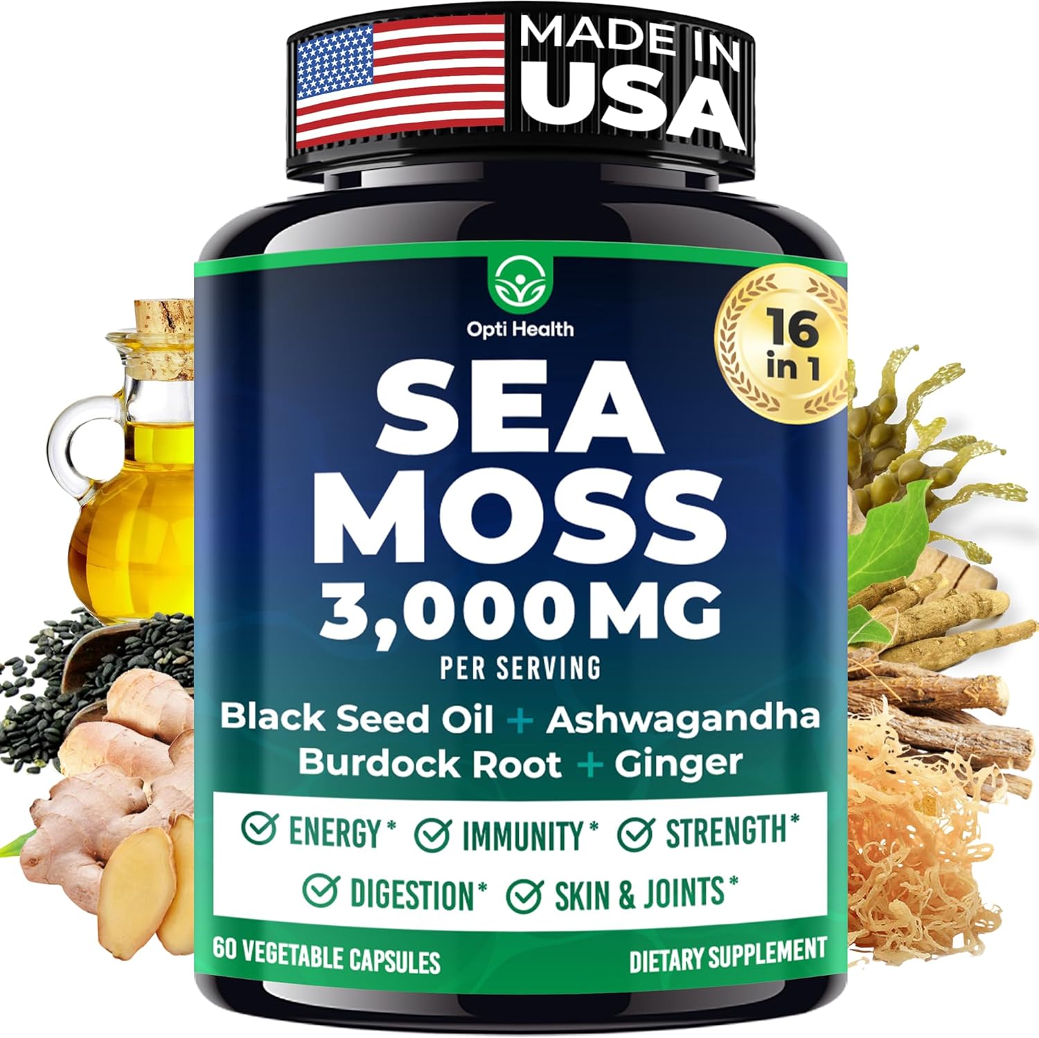 Sea Moss Black Seed Oil Ashwagandha Ginger - Advanced Irish Sea Moss Capsules Al...