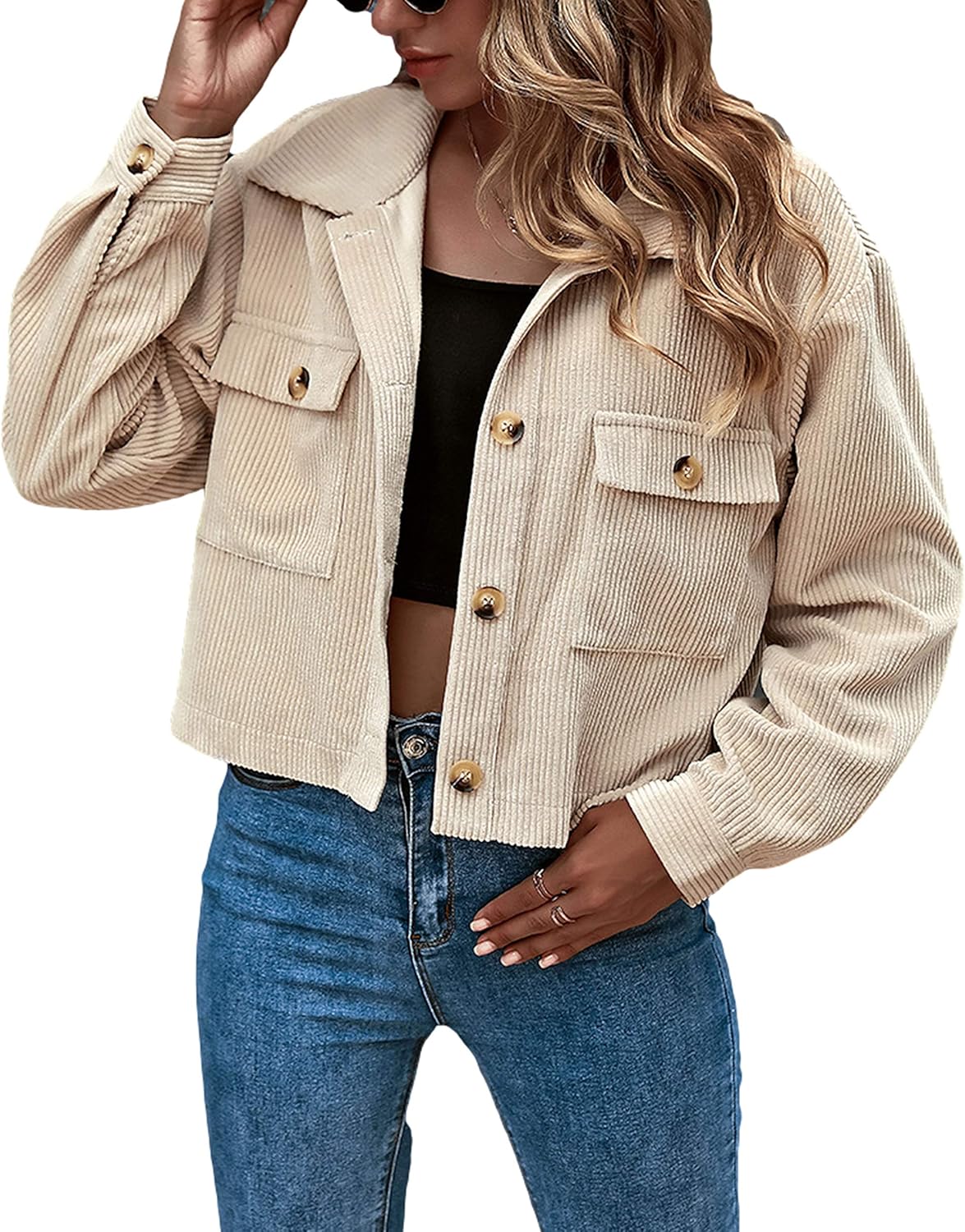 Gihuo Women's Fashion Cropped Shacket Button Down Corduroy Shacket Jackets Casua...