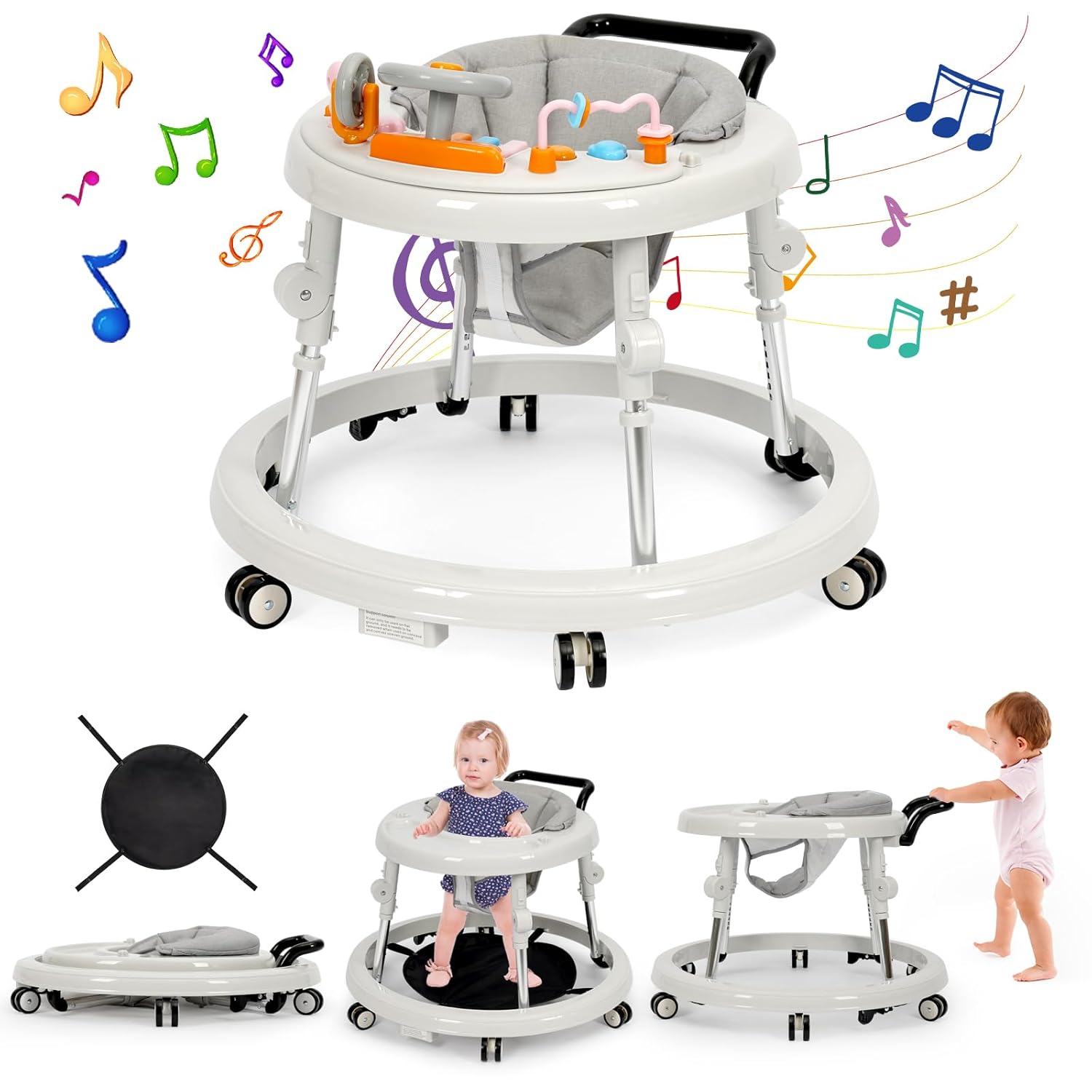 Music and Lights Baby Walker Foldable with 9 Adjustable Heights, Baby Walker wit...