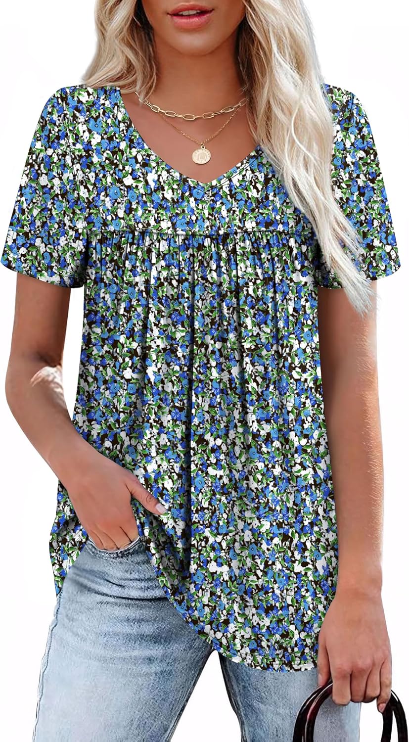 WEESO Womens T Shirts Short Sleeve Pleated Dressy Casual V Neck Summer Tops Blou...
