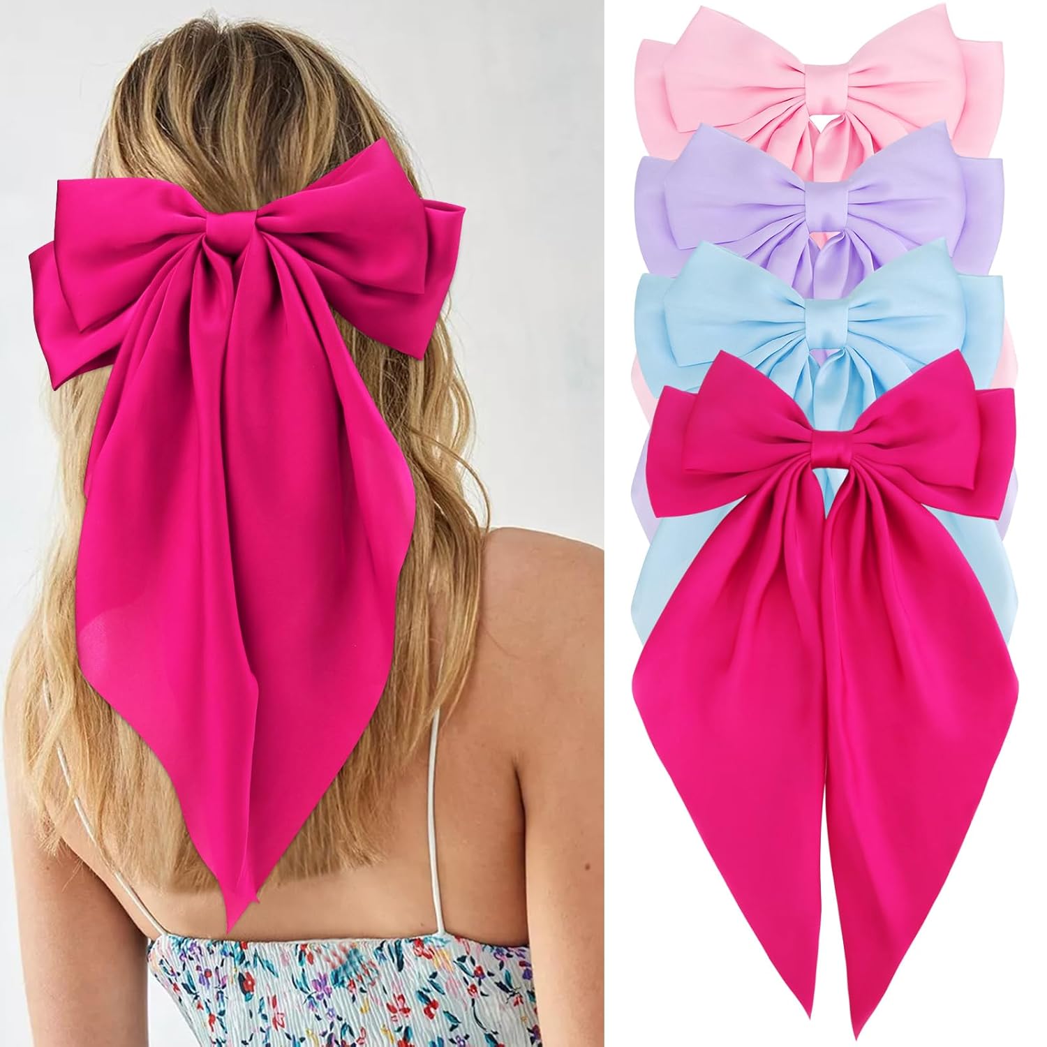 Velscrun Women's & Girls' 4-Pack Silky & Satin Hair Bows - Pink, Purple, Blue -...