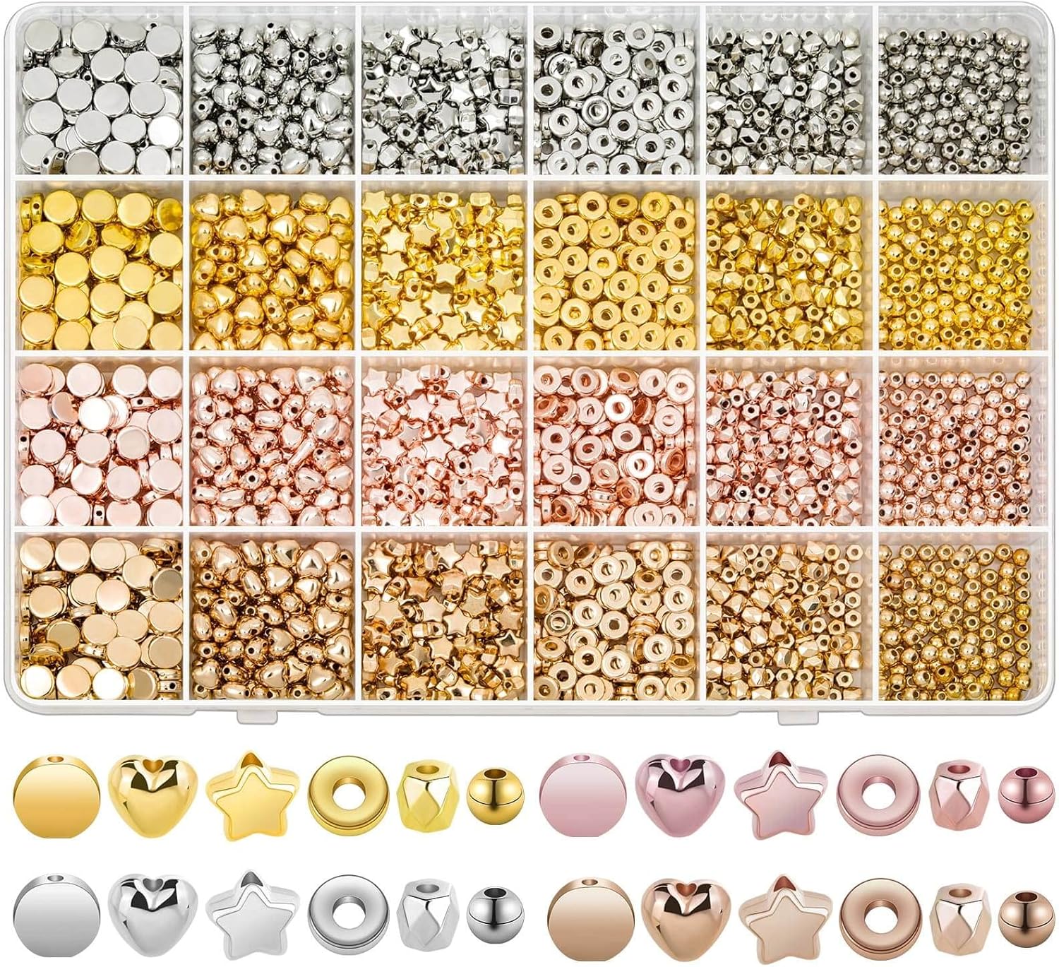 2160 Pieces Gold Spacer Beads Set, Assorted Round Star Gold Beads for Bracelet J...