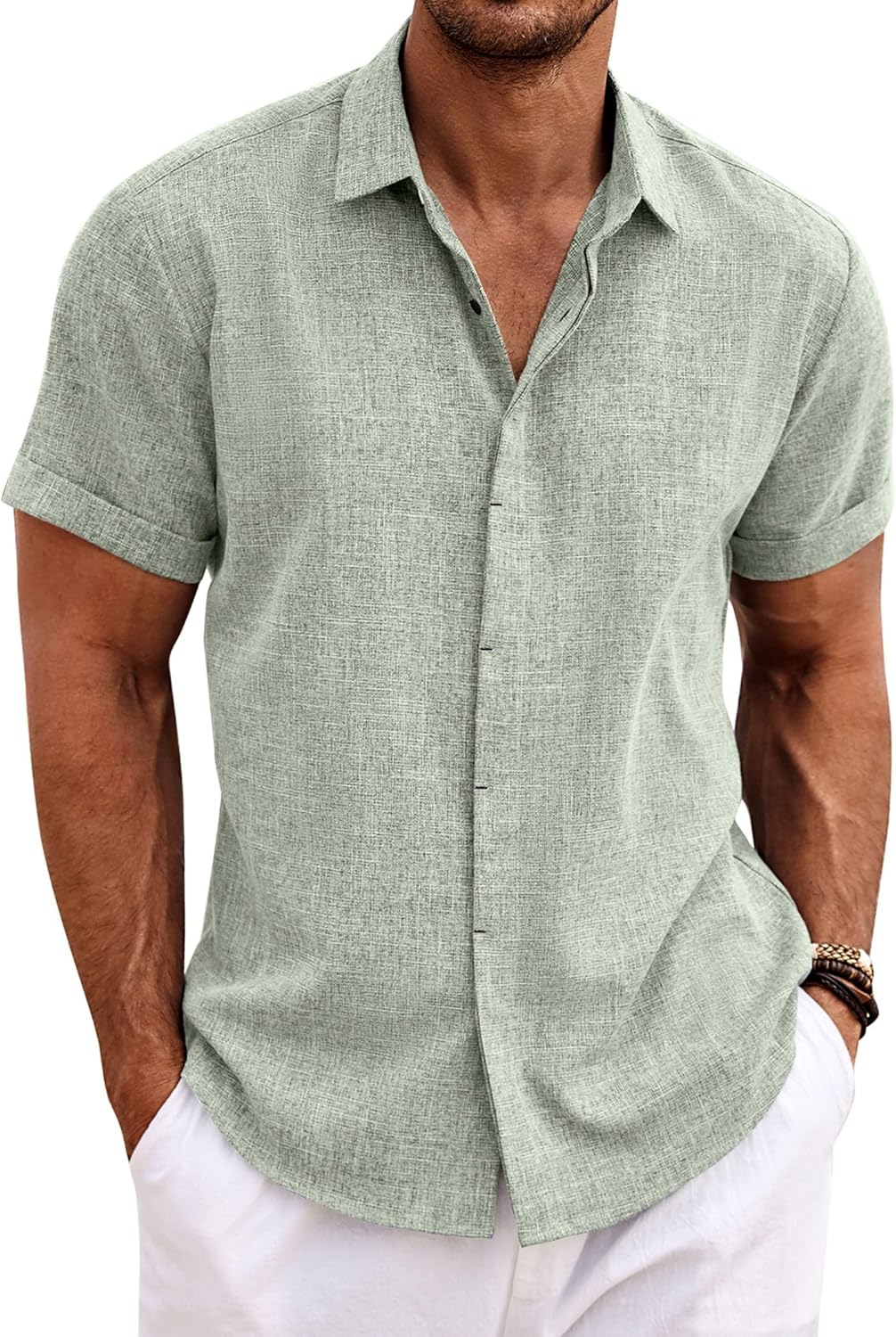 COOFANDY Mens Linen Shirts Short Sleeved Summer Regular Fit Cotton Shirt Button...