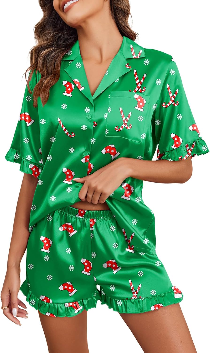 Ekouaer Womens Satin Pajamas Set Button Down Silk 2 Piece Pj Sets Ruffle Short S...