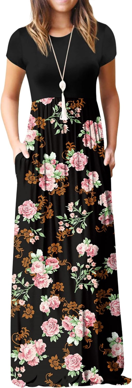 GRECERELLE Womens Maxi Dress Ladies' Summer Casual Short Sleeve Long Dresses wit...