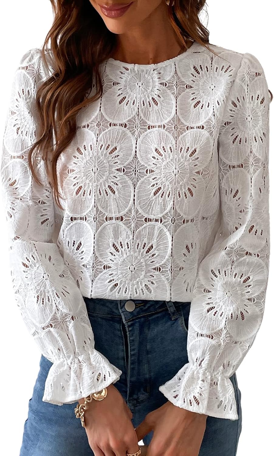 CUPSHE Women Blouse Cutout Flower Top Round Neck Long Sleeve Elastic Cuffs Elega...