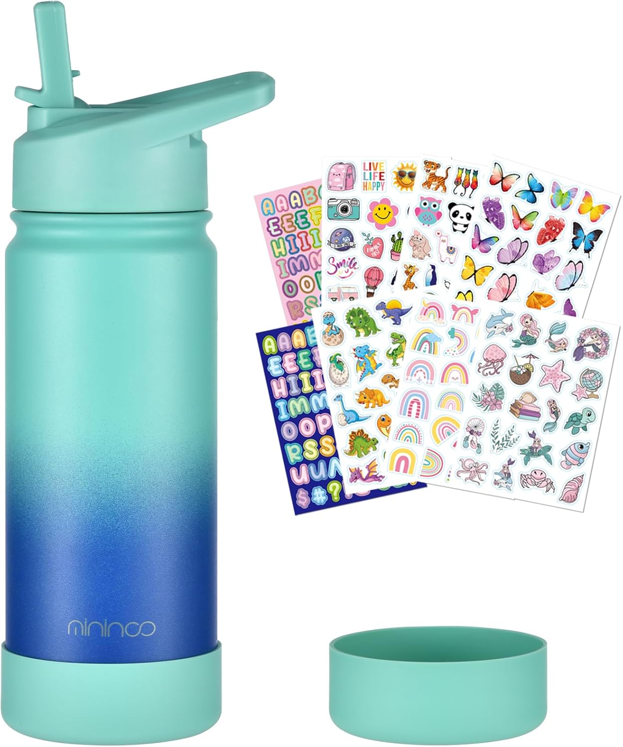 mininoo Kids Water Bottle for School, 16oz Stainless Steel Insulated Water Bottl...