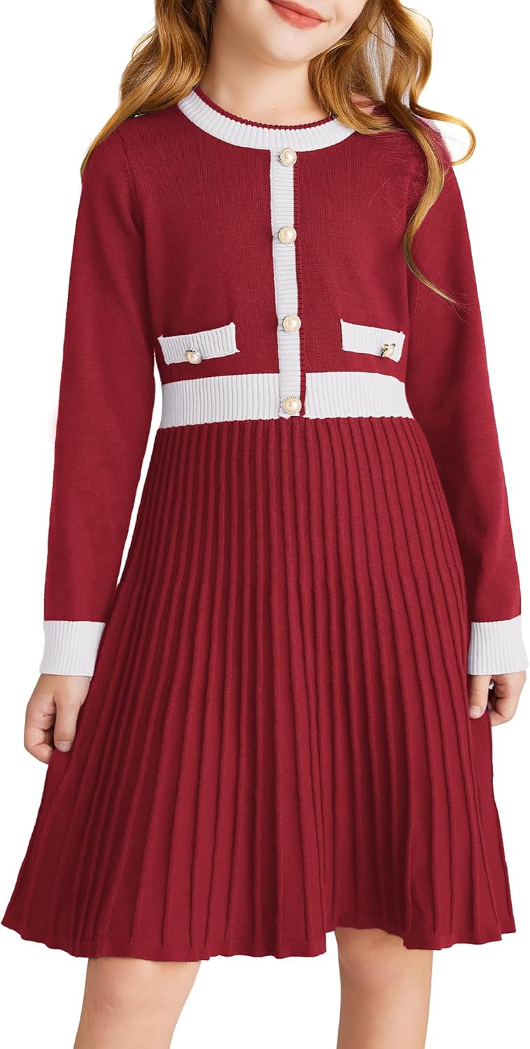 GRACE KARIN Girls Sweater Fall Dress Long Sleeve Knit A Line Contrast Casual Win...