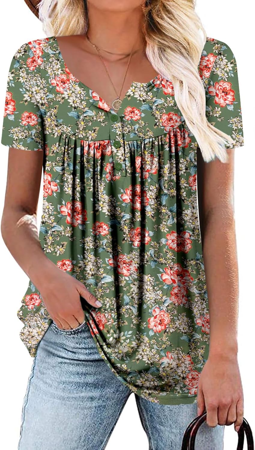 CHICZONE Ladies Tunic Tops Buttons Up Blouse Floral Printed Plain Pleated Womens...