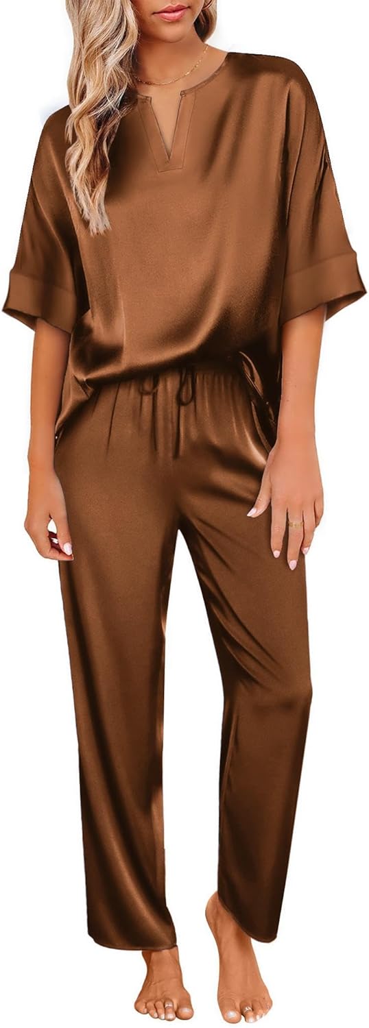 Ekouaer Satin Pajama Set Womens Silk Short Sleeve V Neck Shirt with Long Pant So...