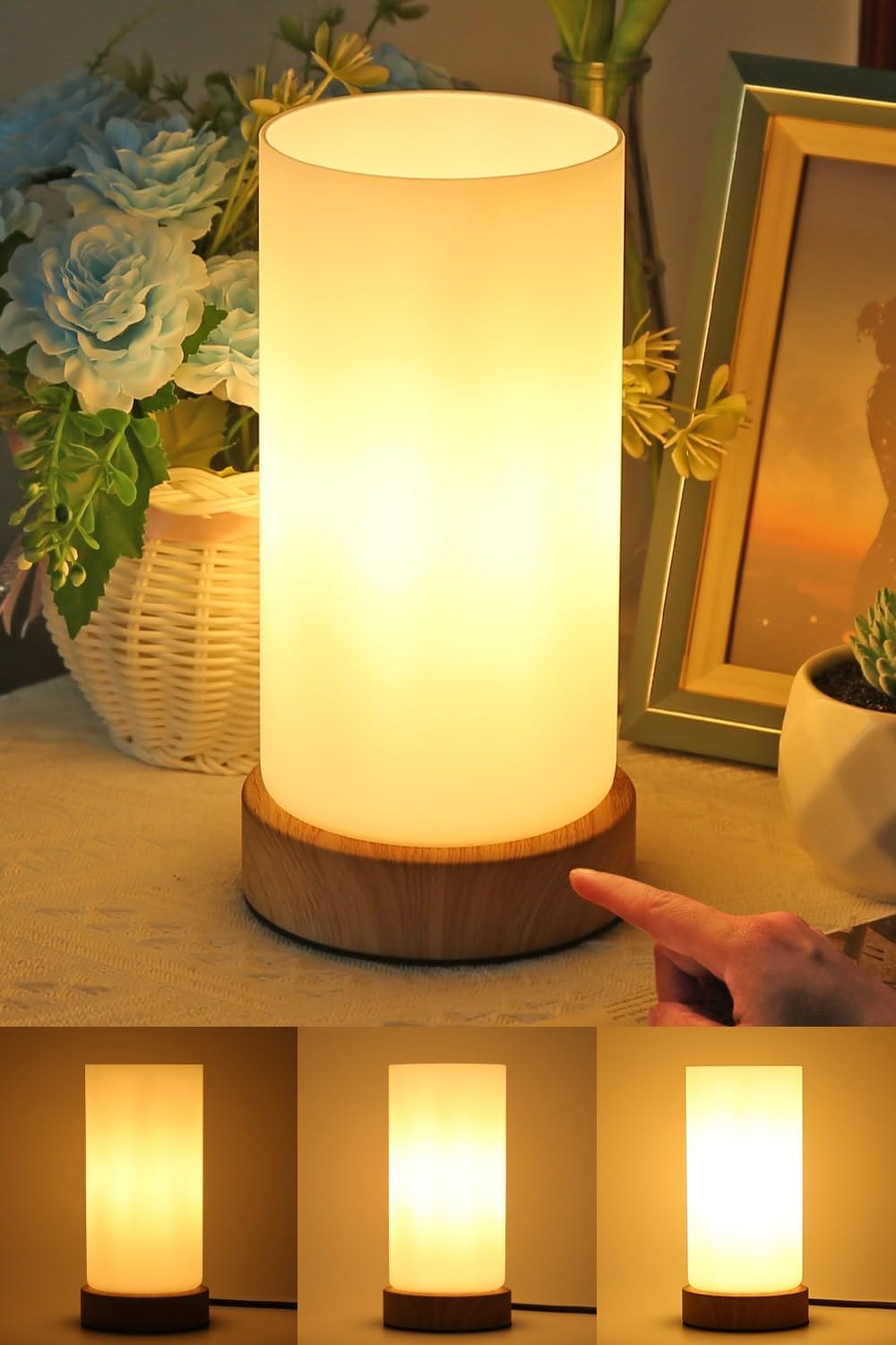 HSLighting Bedside Lamps, Touch Control Table Lamp 3-Way Dimmable with Glass Sha...