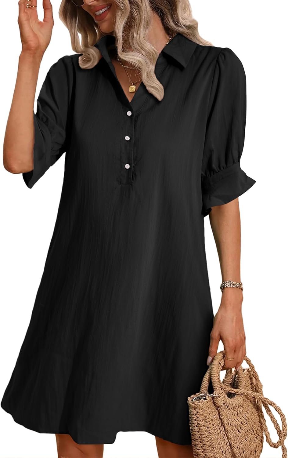 FENSACE Womens Casual Shirt Dress Ruffle Sleeve Solid Color Button Down Shift Su...